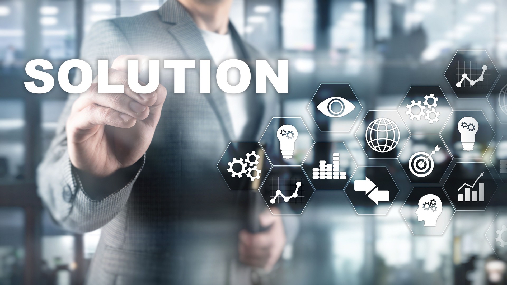 Business solutions, success and strategy concept. Structuring virtual diagram of business process with solutions